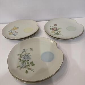6 Lefton Snack Plates Pastel Roses In Blue, Yellow, Pink Hand Painted NE2108 8”